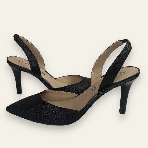 Unisa Elastic Slingback Black Matte Glitter Pointed Toe Heels Size 7 Goth Emo - Picture 1 of 11